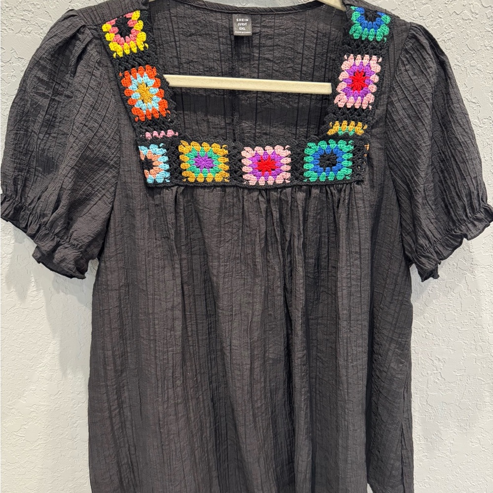 SHEIN Black Blouse with Colorful Crochet Accents